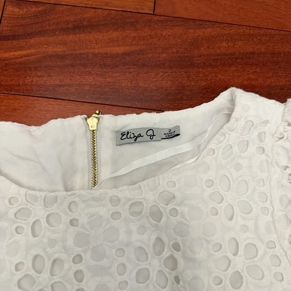 Eliza J White Eyelet Shift Dress with Three-Quarter Sleeves - Picture 2 of 3